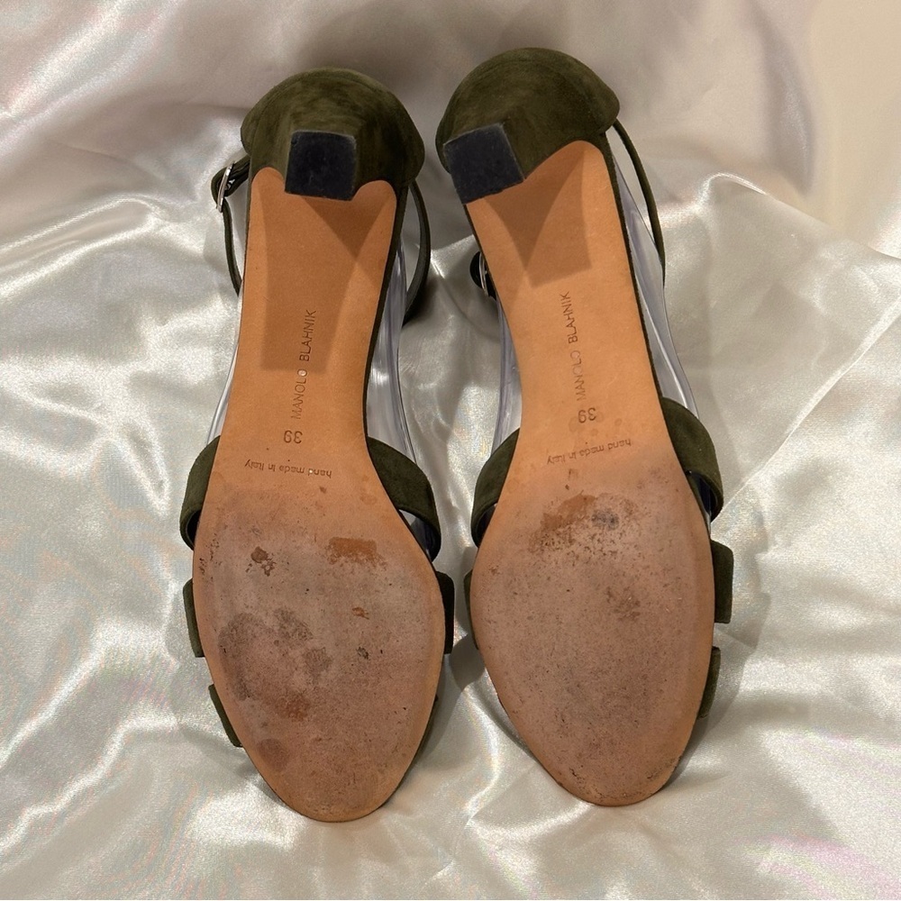 Manolo Blahnik Olive Green Suede Strappy Ankle‑Tie Heels - Picture 8 of 15